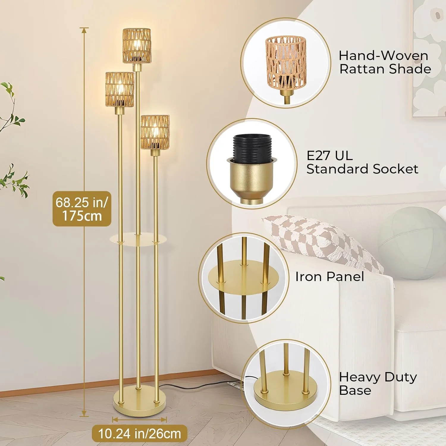 Boho Floor Lamp with Shelves & Adjustable Lighting - www.yourhomeimprovement.shop