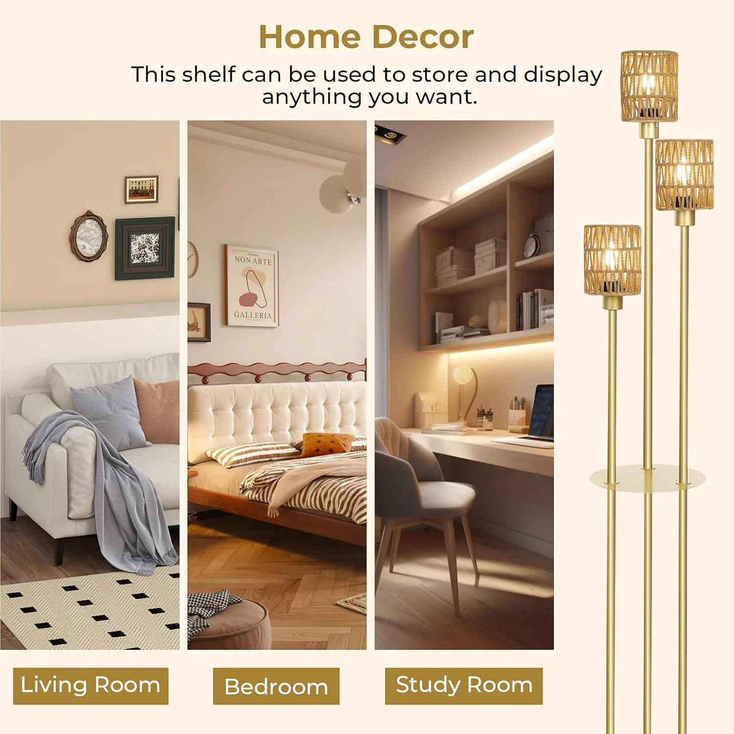 Boho Floor Lamp with Shelves & Adjustable Lighting - www.yourhomeimprovement.shop