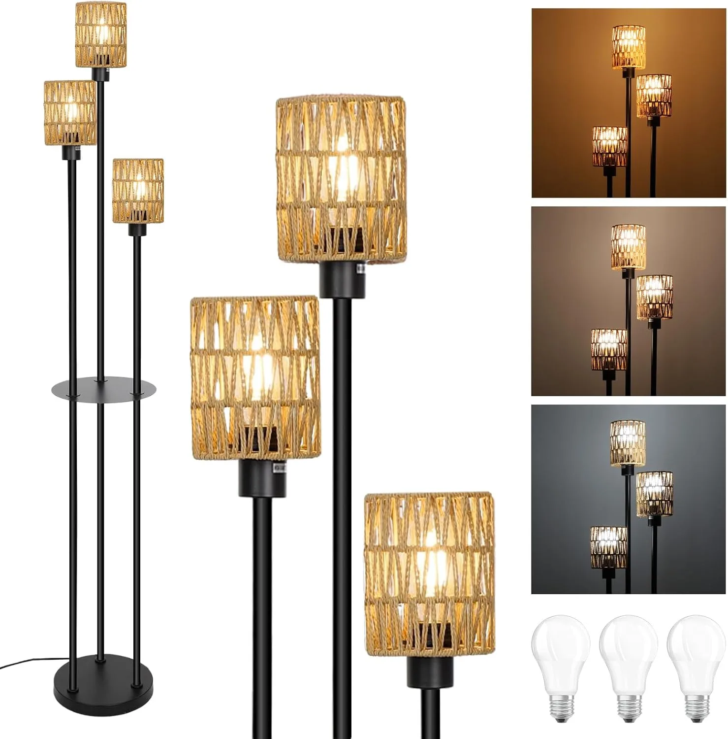 Boho Floor Lamp with Shelves & Adjustable Lighting - www.yourhomeimprovement.shop