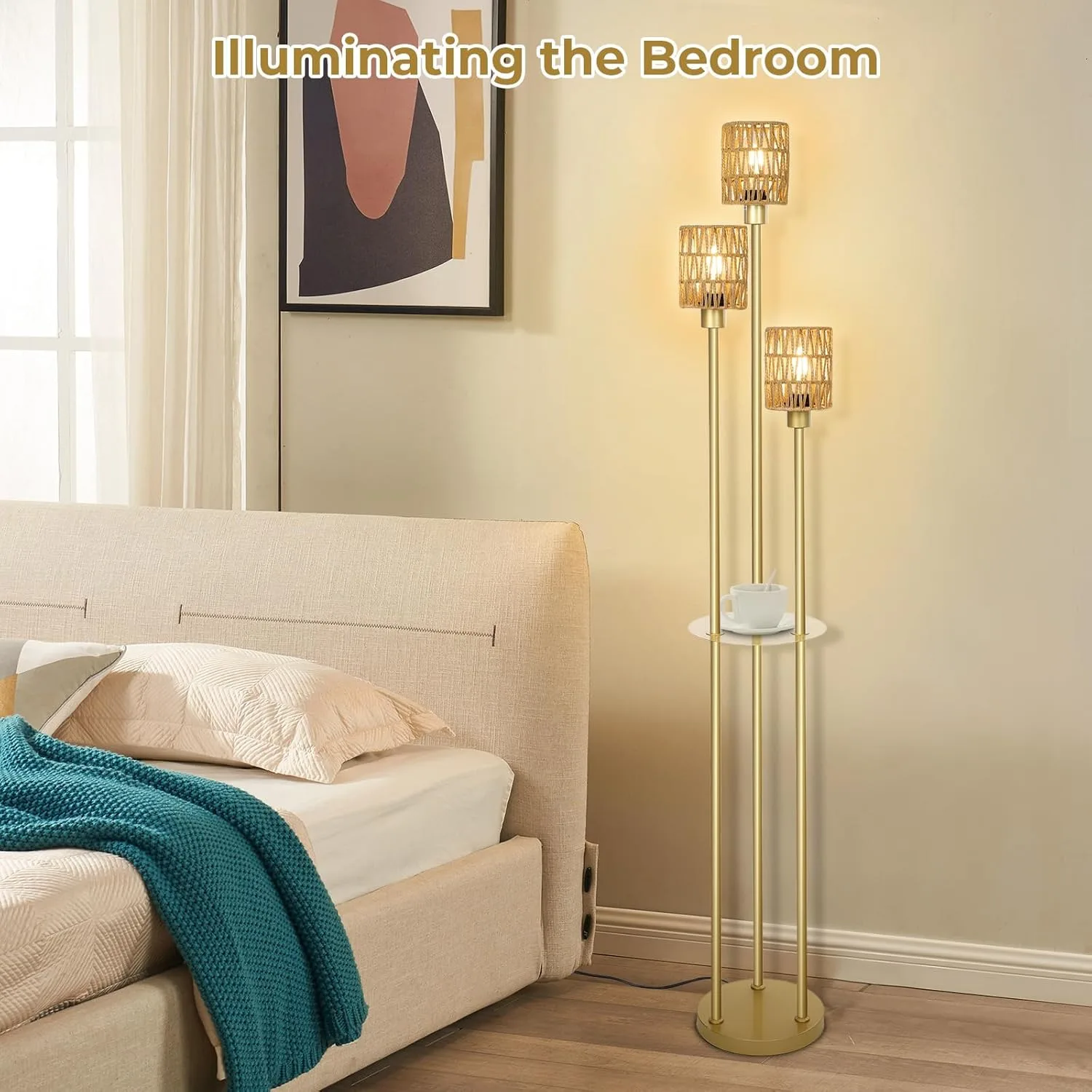 Boho Floor Lamp with Shelves & Adjustable Lighting - www.yourhomeimprovement.shop