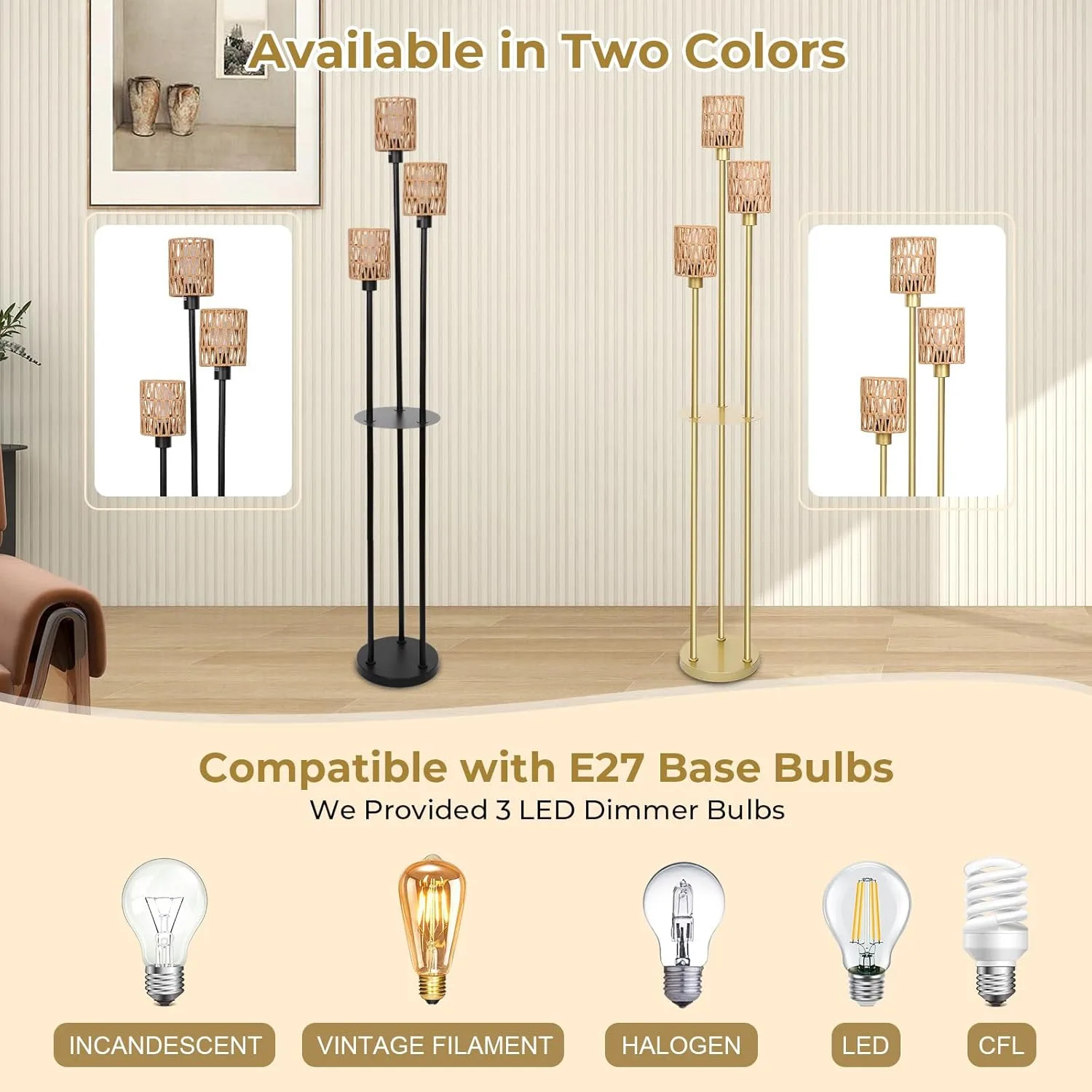 Boho Floor Lamp with Shelves & Adjustable Lighting - www.yourhomeimprovement.shop