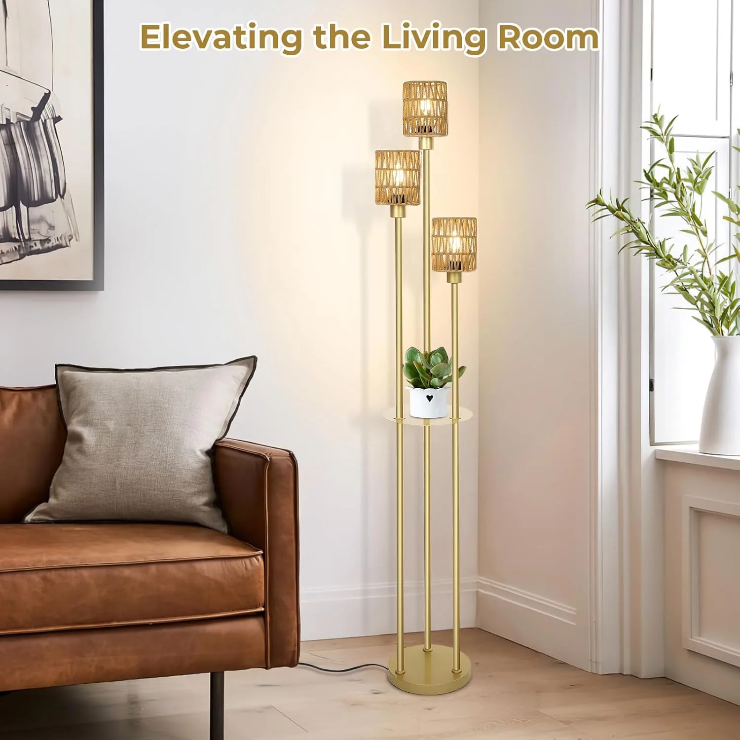 Boho Floor Lamp with Shelves & Adjustable Lighting - www.yourhomeimprovement.shop