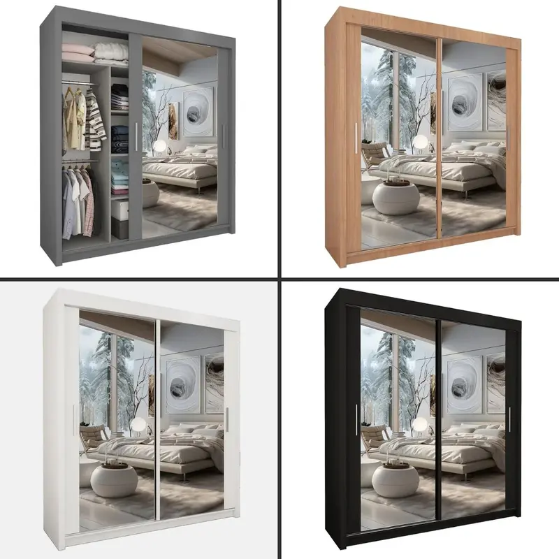 YHI CHICAGO 2&3 Sliding Doors Wardrobe White MATT FINISH 5 Sizes 120cm-250cm Modern Bedroom Storage Double Mirror Doors